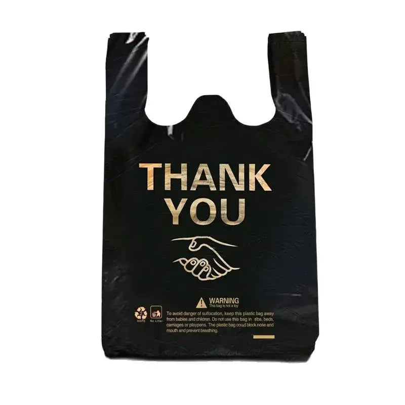 10pcs Thank You Plastic Carry Out Bags Black Shopping Grocery Vest Gift Bag with Handle Supermarket Retail Packaging Storage