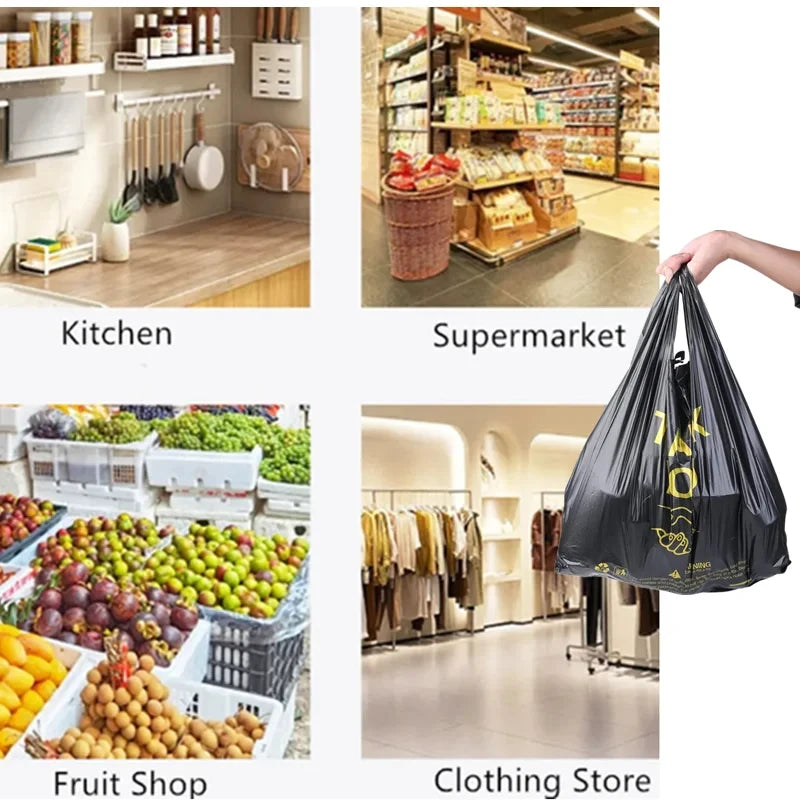 10pcs Thank You Plastic Carry Out Bags Black Shopping Grocery Vest Gift Bag with Handle Supermarket Retail Packaging Storage