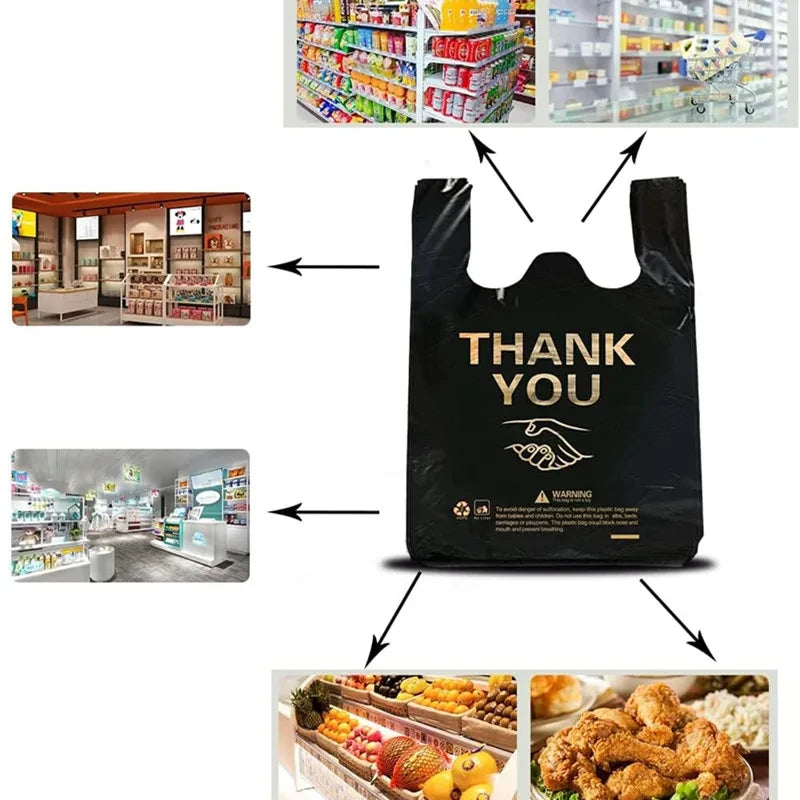 10pcs Thank You Plastic Carry Out Bags Black Shopping Grocery Vest Gift Bag with Handle Supermarket Retail Packaging Storage